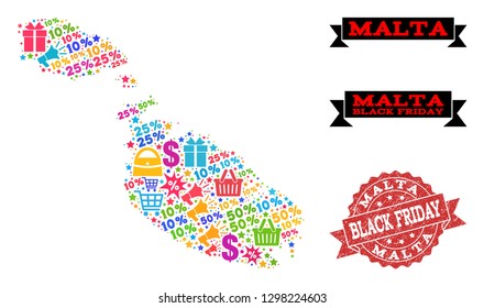 Black Friday combination of mosaic map of Malta and textured seal. Vector red imprint with grunge rubber texture with Black Friday text. Flat design for shopping purposes.
