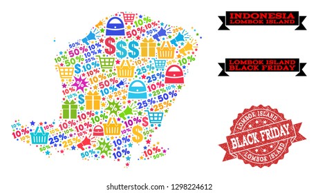 Black Friday combination of mosaic map of Lombok Island and rubber stamp seal. Vector red seal with corroded rubber texture with Black Friday caption. Flat design for advertisement illustrations.