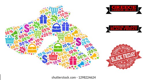 Black Friday combination of mosaic map of Lesbos Island and dirty stamp seal. Vector red imprint with distress rubber texture with Black Friday caption. Flat design for shopping illustrations.