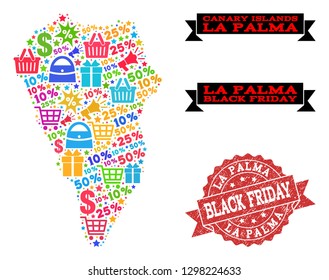 Black Friday combination of mosaic map of La Palma Island and scratched seal. Vector red seal with scratched rubber texture with Black Friday caption. Flat design for promotion templates.