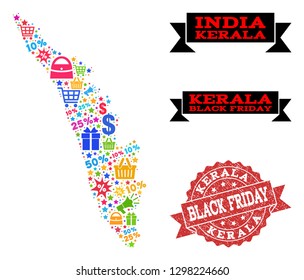 Black Friday combination of mosaic map of Kerala State and rubber stamp seal. Vector red seal with corroded rubber texture with Black Friday title. Flat design for shopping templates.