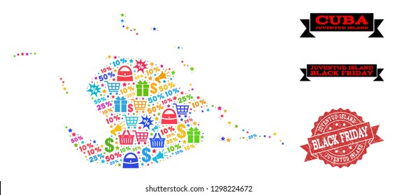 Black Friday combination of mosaic map of Juventud Island and grunge seal. Vector red seal with grunge rubber texture with Black Friday slogan. Flat design for advertisement illustrations.