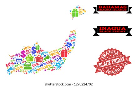 Black Friday combination of mosaic map of Inagua Islands and rubber seal. Vector red seal with grunge rubber texture with Black Friday slogan. Flat design for shopping templates.