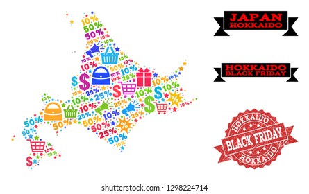 Black Friday combination of mosaic map of Hokkaido Island and grunge stamp seal. Vector red seal with unclean rubber texture with Black Friday caption. Flat design for trade illustrations.