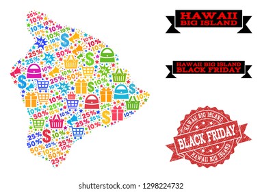 Black Friday combination of mosaic map of Hawaii Big Island and rubber stamp. Vector red imprint with distress rubber texture with Black Friday text. Flat design for shopping purposes.