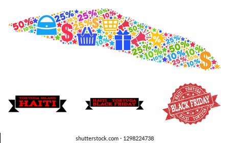 Black Friday combination of mosaic map of Haiti Tortuga Island and scratched stamp seal. Vector red seal with scratched rubber texture with Black Friday text. Flat design for advertisement purposes.