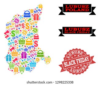 Black Friday combination of mosaic map of Lubusz Province and grunge stamp. Vector red watermark with grunge rubber texture with Black Friday caption. Flat design for shopping purposes.