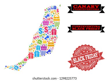 Black Friday combination of mosaic map of Fuerteventura Island and rubber stamp. Vector red seal with corroded rubber texture with Black Friday slogan. Flat design for trade purposes.