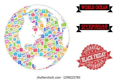 Black Friday combination of mosaic map of global ocean and dirty seal. Vector red seal with grunge rubber texture with Black Friday slogan. Flat design for shopping purposes.