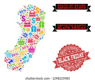 Black Friday combination of mosaic map of Espirito Santo State and unclean seal. Vector red imprint with scratched rubber texture with Black Friday caption. Flat design for shopping purposes.