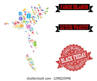 Black Friday combination of mosaic map of Faroe Islands and corroded seal. Vector red seal with corroded rubber texture with Black Friday title. Flat design for promotion templates.