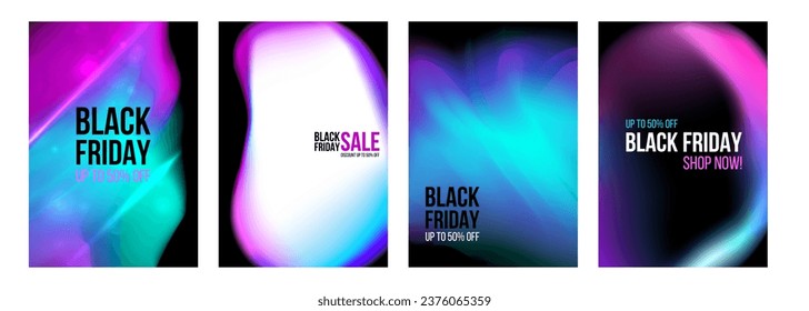 Juego comercial de Black Friday. Fondos de promoción de ventas. El líquido vibrante borra los colores. Gradientes de color luminosos. Ilustración vectorial.