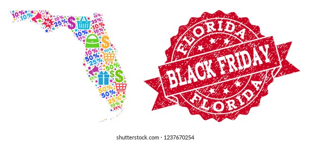 Black Friday composition of mosaic map of Florida State and rubber seal. Vector red seal with scratched rubber texture with Black Friday caption. Flat design for shopping templates.