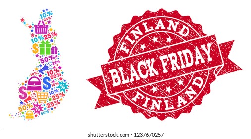 Black Friday composition of mosaic map of Finland and rubber stamp. Vector red watermark with distress rubber texture with Black Friday caption. Flat design for shopping purposes.