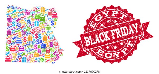 Black Friday composition of mosaic map of Egypt and rubber seal. Vector red seal with unclean rubber texture with Black Friday title. Flat design for shopping illustrations.