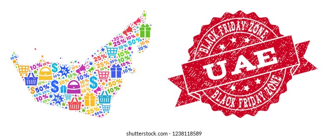Black Friday composition of mosaic map of United Arab Emirates and dirty stamp seal. Vector red seal with corroded rubber texture with Black Friday slogan. Flat design for shopping purposes.