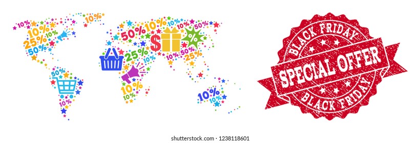 Black Friday composition of mosaic map of world and scratched seal. Vector red seal with scratched rubber texture with Black Friday slogan. Flat design for promotion posters.