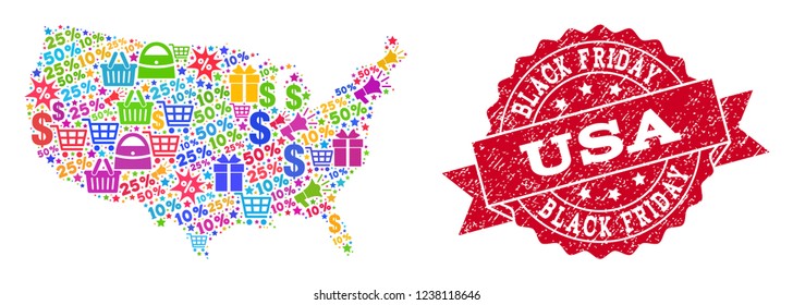 Black Friday composition of mosaic map of USA and scratched stamp seal. Vector red seal with scratched rubber texture with Black Friday slogan. Flat design for trade posters.