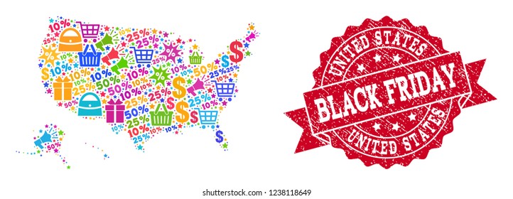 Black Friday composition of mosaic map of USA territories and rubber seal. Vector red seal with scratched rubber texture with Black Friday text. Flat design for trade purposes.