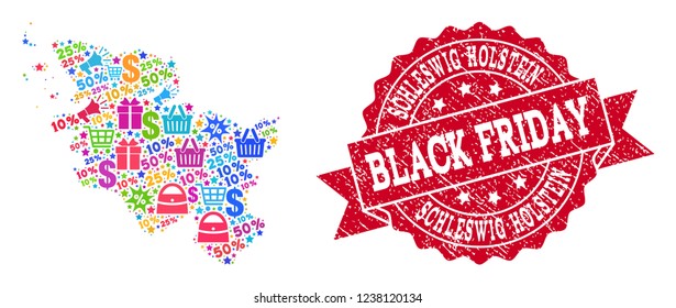 Black Friday composition of mosaic map of Schleswig-Holstein State and rubber stamp. Vector red imprint with scratched rubber texture with Black Friday slogan. Flat design for shopping illustrations.