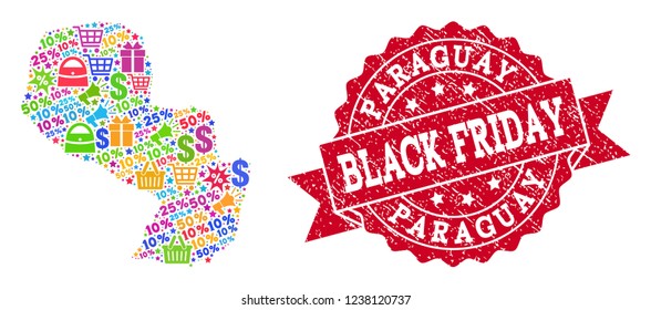 Black Friday composition of mosaic map of Paraguay and rubber stamp seal. Vector red seal with scratched rubber texture with Black Friday caption. Flat design for promotion purposes.