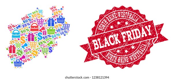 Black Friday composition of mosaic map of North Rhine-Westphalia State and unclean stamp. Vector red imprint with unclean rubber texture with Black Friday slogan. Flat design for shopping posters.