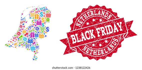 Black Friday composition of mosaic map of Netherlands and corroded stamp. Vector red imprint with scratched rubber texture with Black Friday slogan. Flat design for shopping illustrations.