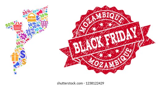 Black Friday composition of mosaic map of Mozambique and unclean stamp seal. Vector red seal with corroded rubber texture with Black Friday caption. Flat design for promotion purposes.