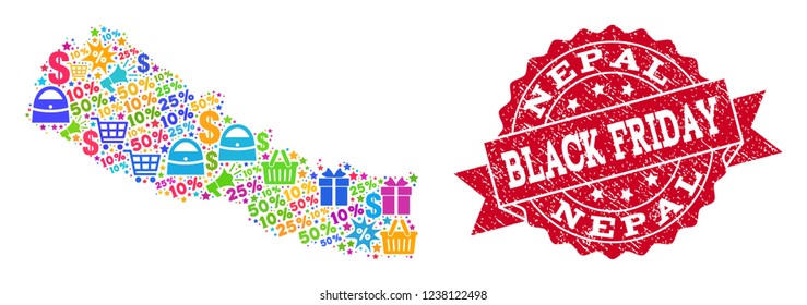 Black Friday composition of mosaic map of Nepal and scratched seal. Vector red seal with scratched rubber texture with Black Friday slogan. Flat design for advertisement templates.