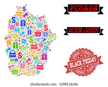 Black Friday composition of mosaic map of Azores - Flores Island and grunge seal. Vector red seal with grunge rubber texture with Black Friday slogan. Flat design for trade posters.