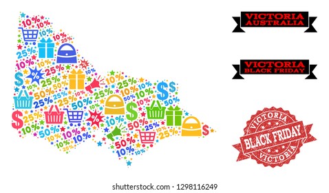 Black Friday composition of mosaic map of Australian Victoria and unclean stamp seal. Vector red seal with corroded rubber texture with Black Friday slogan. Flat design for shopping purposes.