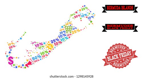 Black Friday composition of mosaic map of Bermuda Islands and scratched stamp. Vector red watermark with scratched rubber texture with Black Friday text. Flat design for shopping templates.