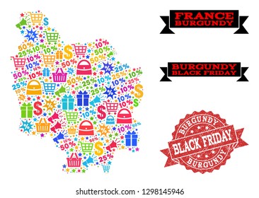 Black Friday composition of mosaic map of Burgundy Province and rubber stamp. Vector red seal with grunge rubber texture with Black Friday text. Flat design for shopping posters.