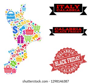 Black Friday composition of mosaic map of Calabria region and rubber stamp seal. Vector red seal with corroded rubber texture with Black Friday title. Flat design for promotion purposes.