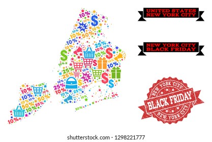 Black Friday composition of mosaic map of New York City and scratched stamp seal. Vector red seal with scratched rubber texture with Black Friday caption. Flat design for promotion posters.