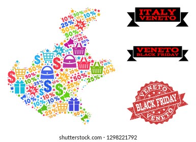 Black Friday composition of mosaic map of Veneto region and scratched stamp. Vector red imprint with scratched rubber texture with Black Friday title. Flat design for shopping templates.