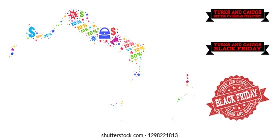 Black Friday composition of mosaic map of Turks and Caicos Islands and corroded stamp seal. Vector red seal with corroded rubber texture with Black Friday text. Flat design for trade posters.