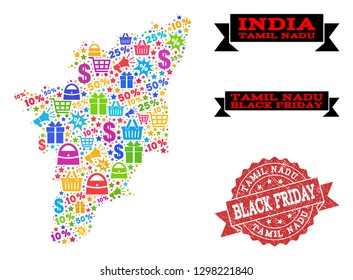 Black Friday composition of mosaic map of Tamil Nadu State and grunge seal. Vector red seal with grunge rubber texture with Black Friday title. Flat design for advertisement illustrations.