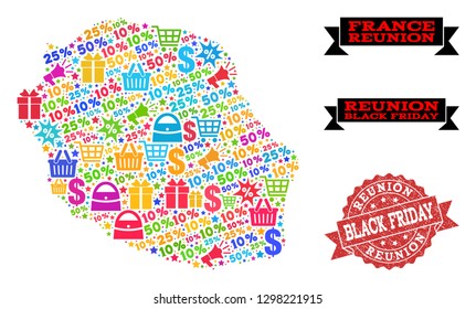 Black Friday composition of mosaic map of Reunion Island and corroded seal. Vector red seal with scratched rubber texture with Black Friday slogan. Flat design for shopping templates.