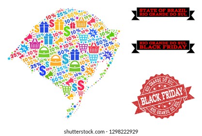 Black Friday composition of mosaic map of Rio Grande do Sul State and dirty stamp. Vector red imprint with scratched rubber texture with Black Friday caption. Flat design for shopping templates.