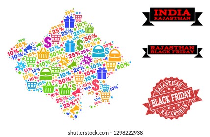 Black Friday composition of mosaic map of Rajasthan State and scratched seal. Vector red imprint with scratched rubber texture with Black Friday text. Flat design for shopping illustrations.