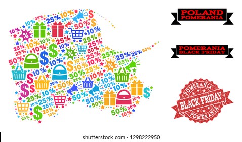 Black Friday composition of mosaic map of Pomerania Province and rubber seal. Vector red seal with corroded rubber texture with Black Friday slogan. Flat design for advertisement posters.