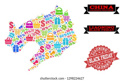Black Friday composition of mosaic map of Liaoning Province and corroded stamp seal. Vector red seal with scratched rubber texture with Black Friday title. Flat design for shopping purposes.