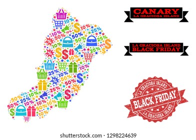 Black Friday composition of mosaic map of La Graciosa Island and grunge seal. Vector red seal with grunge rubber texture with Black Friday caption. Flat design for trade templates.