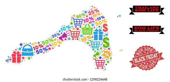 Black Friday composition of mosaic map of Koh Lipe and unclean stamp. Vector red imprint with unclean rubber texture with Black Friday text. Flat design for shopping templates.