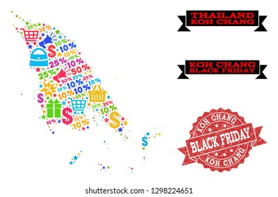 Black Friday composition of mosaic map of Koh Chang and corroded seal. Vector red seal with corroded rubber texture with Black Friday title. Flat design for advertisement posters.