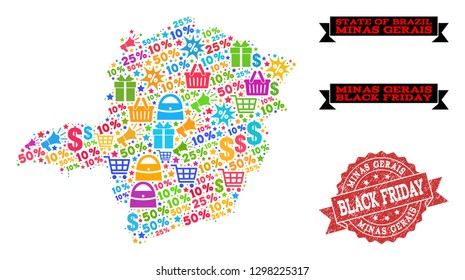 Black Friday composition of mosaic map of Minas Gerais State and corroded stamp. Vector red seal with corroded rubber texture with Black Friday caption. Flat design for sale purposes.