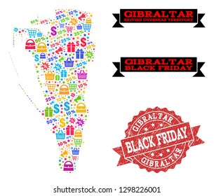 Black Friday composition of mosaic map of Gibraltar and scratched stamp seal. Vector red seal with grunge rubber texture with Black Friday title. Flat design for shopping illustrations.