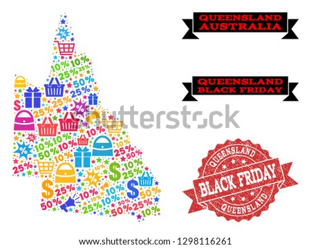 Black Friday composition of mosaic map of Australian Queensland and scratched stamp seal. Vector red seal with scratched rubber texture with Black Friday slogan. Flat design for trade illustrations.
