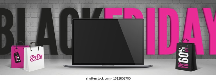 Black friday computers sale web banner template. Realistic laptop, 3d shopping bags with 60 percent discount offer. Seasonal electronics sale with black and pink lettering poster design layout